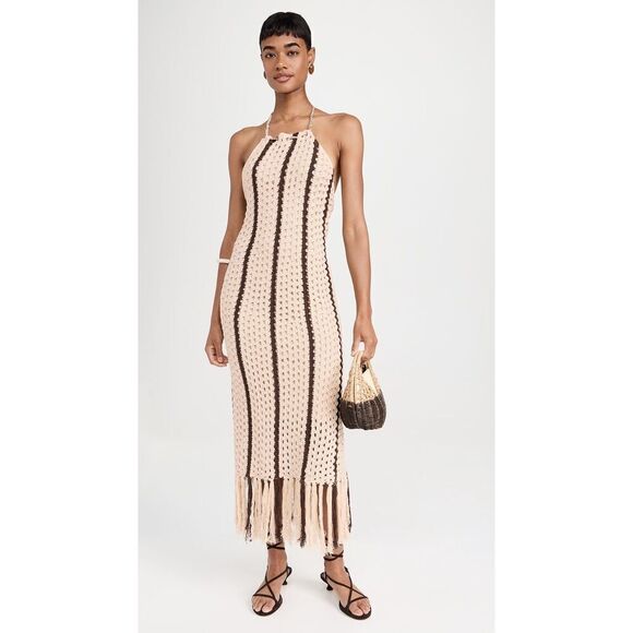 MOON RIVER Women's Halter Fringe Midi Dress size S  Color: Taupe NWT - Picture 3 of 7